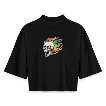 Psychedelischer Totenkopf im Feuerdesign - Boxy Frauen Recyceltes 1/2 Sleeved T-Shirt by Stanley/Stella - Schwarz - Vorne - AI Model Female 172 light (172cm)