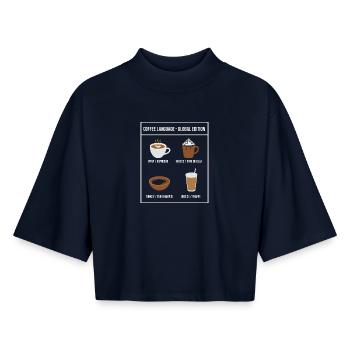 Coffee Language Global Edition - Boxy Women's Recycled 1/2 Sleeved T-Shirt by Stanley/Stella - navy - Front - AI Model Female 172 light (172cm)