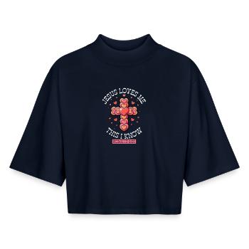 Cœurs croisés Jésus m’aime - T-shirt femme coupe boxy recyclé manches mi-longues Stanley/Stella - marine - Devant - AI Model Female 172 light (172cm)