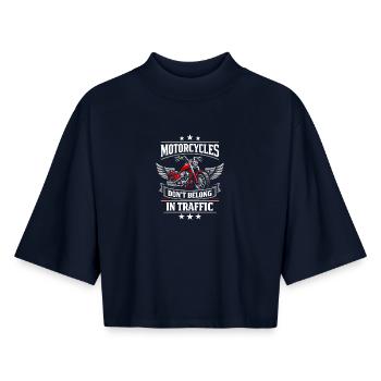 Motorrad-verkehrs-humor, Den Fahrer - Boxy Frauen Recyceltes 1/2 Sleeved T-Shirt by Stanley/Stella - Navy - Vorne - AI Model Female 172 light (172cm)