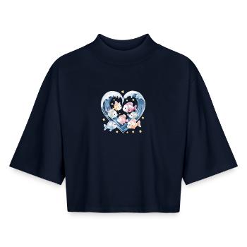 Une famille de poissons mignons au cœur des vagues avec - T-shirt femme coupe boxy recyclé manches mi-longues Stanley/Stella - marine - Devant - AI Model Female 172 light (172cm)