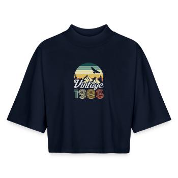 Vintage 1986 Mountain Landscape - Boxy Women's Recycled 1/2 Sleeved T-Shirt by Stanley/Stella - navy - Front - AI Model Female 172 light (172cm)