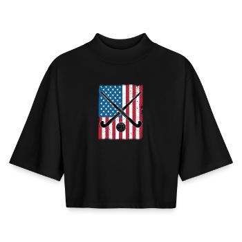Field Hockey USA Flagge - Boxy Frauen Recyceltes 1/2 Sleeved T-Shirt by Stanley/Stella - Schwarz - Vorne - AI Model Female 172 light (172cm)