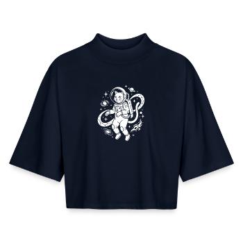 Kitty exploratrice spatiale - T-shirt femme coupe boxy recyclé manches mi-longues Stanley/Stella - marine - Devant - AI Model Female 172 light (172cm)