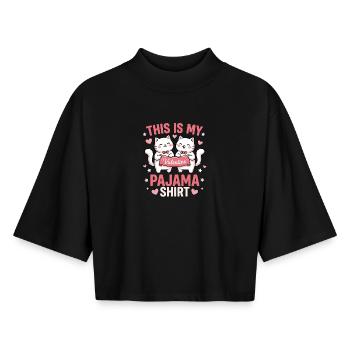 This Is My Valentine Pajama Shirt - Cat Edition - Boxy Frauen Recyceltes 1/2 Sleeved T-Shirt by Stanley/Stella - Schwarz - Vorne - AI Model Female 172 light (172cm)