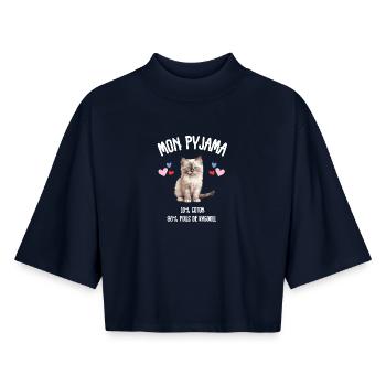 Pyjama Poils de Chat Ragdoll Humour - T-shirt femme coupe boxy recyclé manches mi-longues Stanley/Stella - marine - Devant - AI Model Female 172 light (172cm)