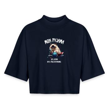 Pyjama Poils de Chat Ragdoll Humour - T-shirt femme coupe boxy recyclé manches mi-longues Stanley/Stella - marine - Devant - AI Model Female 172 light (172cm)