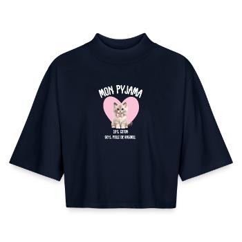 Pyjama Poils de Chat Ragdoll Humour - T-shirt femme coupe boxy recyclé manches mi-longues Stanley/Stella - marine - Devant - AI Model Female 172 light (172cm)