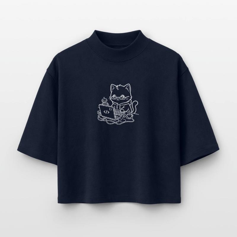 Coder Kawaii Cat Programmer T-shirt femme coupe boxy recyclé manches mi-longues Stanley/Stella