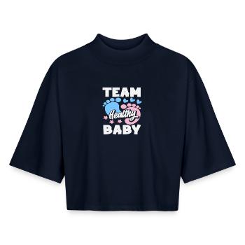 Fête de révélation du sexe de l’équipe Bébé en Bonne Santé - T-shirt femme coupe boxy recyclé manches mi-longues Stanley/Stella - marine - Devant - AI Model Female 172 light (172cm)