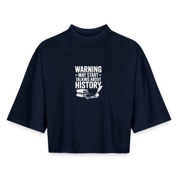 Warnung könnte anfangen, über Geschichte zu sprechen - Boxy Frauen Recyceltes 1/2 Sleeved T-Shirt by Stanley/Stella - Navy - Vorne - AI Model Female 172 light (172cm)