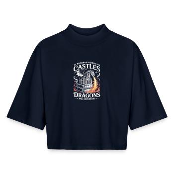 Roman, Fantasy, Lecteur, Dragon, Conte de fées, Rat de bibliothèque - T-shirt femme coupe boxy recyclé manches mi-longues Stanley/Stella - marine - Devant - AI Model Female 172 light (172cm)