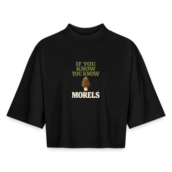 Morel mushroom hunters Wild morel mushrooms on - Boxy Women's Recycled 1/2 Sleeved T-Shirt by Stanley/Stella - black - Front - AI Model Female 172 light (172cm)