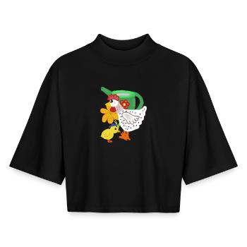 Chicken and chick in flower garden - Boxy Women's Recycled 1/2 Sleeved T-Shirt by Stanley/Stella - black - Front - AI Model Female 172 light (172cm)