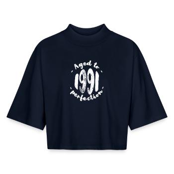 Aged to 1990 Nostalgia - Boxy Women's Recycled 1/2 Sleeved T-Shirt by Stanley/Stella - navy - Front - AI Model Female 172 light (172cm)