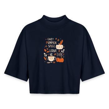 Herbstlicher Pumpkin Cozy Print Kürbis Design  - Boxy Frauen Recyceltes 1/2 Sleeved T-Shirt by Stanley/Stella - Navy - Vorne - AI Model Female 172 light (172cm)