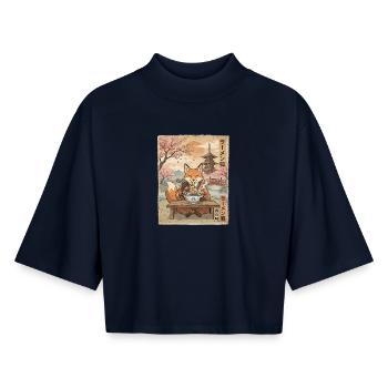 Fuchs Ramen Japanischer Vintage Stil - Boxy Frauen Recyceltes 1/2 Sleeved T-Shirt by Stanley/Stella - Navy - Vorne - AI Model Female 172 light (172cm)