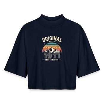 Vintage Born in March 1971 Original 55 years ago - Boxy Women's Recycled 1/2 Sleeved T-Shirt by Stanley/Stella - navy - Front - AI Model Female 172 light (172cm)