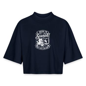 Meow I’m Scared - Horrorfilm-Katze - Boxy Frauen Recyceltes 1/2 Sleeved T-Shirt by Stanley/Stella - Navy - Vorne - AI Model Female 172 light (172cm)