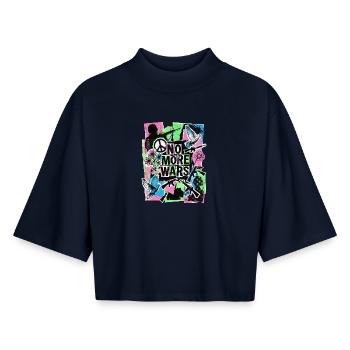 Paix : Plus jamais de guerre - T-shirt femme coupe boxy recyclé manches mi-longues Stanley/Stella - marine - Devant - AI Model Female 172 light (172cm)