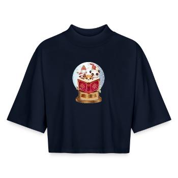 Animals reading in a snow globe at Christmas - Boxy Women's Recycled 1/2 Sleeved T-Shirt by Stanley/Stella - navy - Front - AI Model Female 172 light (172cm)