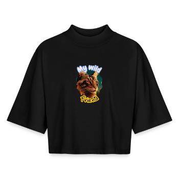 Illustration de l’amitié du chat sauvage - T-shirt femme coupe boxy recyclé manches mi-longues Stanley/Stella - noir - Devant - AI Model Female 172 light (172cm)