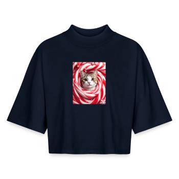 Weihnachtskatze in Pfefferminzbonbons - Boxy Frauen Recyceltes 1/2 Sleeved T-Shirt by Stanley/Stella - Navy - Vorne - AI Model Female 172 light (172cm)