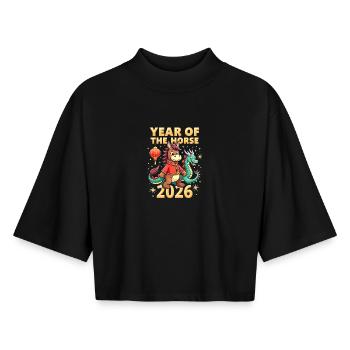 Nouvel An chinois du cheval 2026 - T-shirt femme coupe boxy recyclé manches mi-longues Stanley/Stella - noir - Devant - AI Model Female 172 light (172cm)