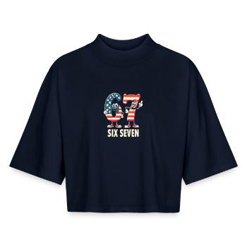US Flag 67 Memes Six Seven - T-shirt femme coupe boxy recyclé manches mi-longues Stanley/Stella - marine - Devant - AI Model Female 172 light (172cm)