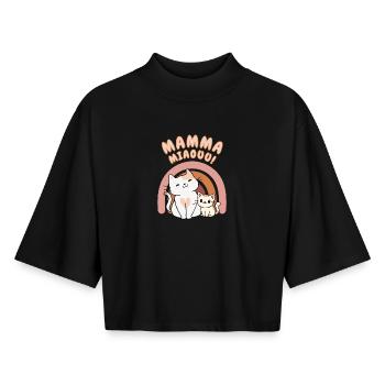 Mamma Meow – Katzenmama und ihr Kätzchen - Boxy Frauen Recyceltes 1/2 Sleeved T-Shirt by Stanley/Stella - Schwarz - Vorne - AI Model Female 172 light (172cm)