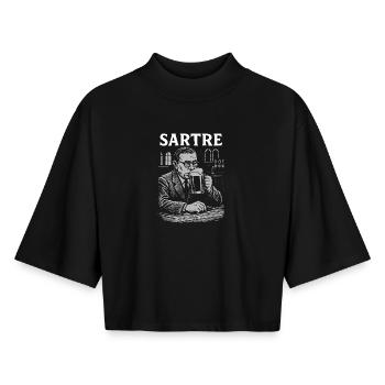L’existentialiste Jean Paul Sartre buvant de la bière - T-shirt femme coupe boxy recyclé manches mi-longues Stanley/Stella - noir - Devant - AI Model Female 172 light (172cm)