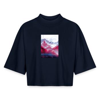 Psy-Art - Temple over Mountain Landscape - Boxy Women's Recycled 1/2 Sleeved T-Shirt by Stanley/Stella - navy - Front - AI Model Female 172 light (172cm)
