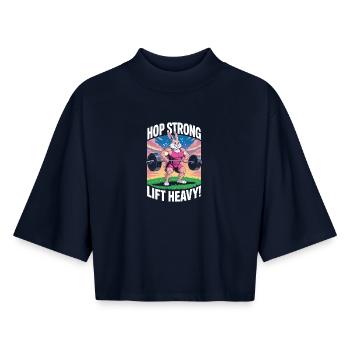 Hop Strong. Levez Lourd - T-shirt femme coupe boxy recyclé manches mi-longues Stanley/Stella - marine - Devant - AI Model Female 172 light (172cm)