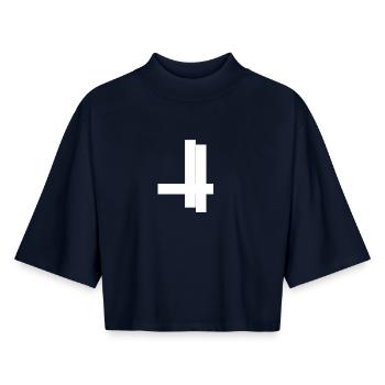 Minimalistische Kreuz-Form Grafik - Boxy Frauen Recyceltes 1/2 Sleeved T-Shirt by Stanley/Stella - Navy - Vorne - AI Model Female 172 light (172cm)