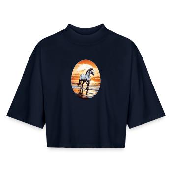 Horse on the beach - Boxy Women's Recycled 1/2 Sleeved T-Shirt by Stanley/Stella - navy - Front - AI Model Female 172 light (172cm)