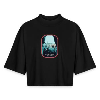Illustration typical view of Venice and Gondolas - Boxy Women's Recycled 1/2 Sleeved T-Shirt by Stanley/Stella - black - Front - AI Model Female 172 light (172cm)