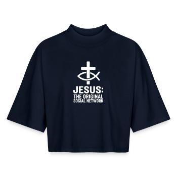 Jesus The Original Social Network - Boxy Women's Recycled 1/2 Sleeved T-Shirt by Stanley/Stella - navy - Front - AI Model Female 172 light (172cm)