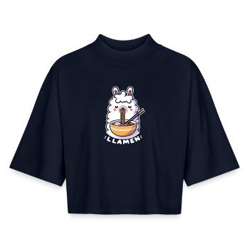 Gemütliches und kawaii Ramen Lama - Boxy Frauen Recyceltes 1/2 Sleeved T-Shirt by Stanley/Stella - Navy - Vorne - AI Model Female 172 light (172cm)