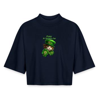Un chaton mignon célèbre la Saint-Patrick - T-shirt femme coupe boxy recyclé manches mi-longues Stanley/Stella - marine - Devant - AI Model Female 172 light (172cm)