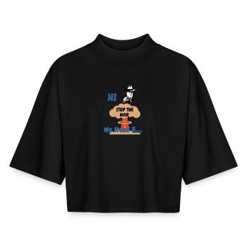 Stop Guerre Paix Dessin Cartoon - T-shirt femme coupe boxy recyclé manches mi-longues Stanley/Stella - noir - Devant - AI Model Female 172 light (172cm)