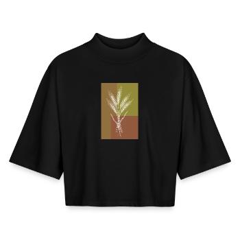 Wheat Ears Line Art – Nature Motif - Boxy Women's Recycled 1/2 Sleeved T-Shirt by Stanley/Stella - black - Front - AI Model Female 172 light (172cm)