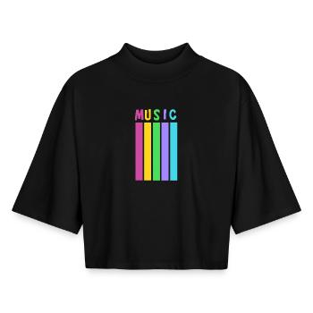 Lebendige Musiknoten auf farbigem Hintergrund - Boxy Frauen Recyceltes 1/2 Sleeved T-Shirt by Stanley/Stella - Schwarz - Vorne - AI Model Female 172 light (172cm)