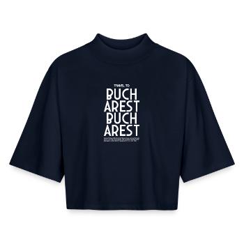 Trip to Bucharest – Uppercase Typo - Boxy Women's Recycled 1/2 Sleeved T-Shirt by Stanley/Stella - navy - Front - AI Model Female 172 light (172cm)