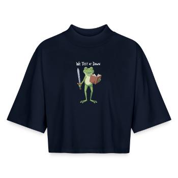 Quête de la Grenouille de l’Aube : Épée et Tome - T-shirt femme coupe boxy recyclé manches mi-longues Stanley/Stella - marine - Devant - AI Model Female 172 light (172cm)