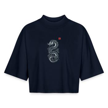 Gray Japanese dragon, Japanese kanji print style - Boxy Women's Recycled 1/2 Sleeved T-Shirt by Stanley/Stella - navy - Front - AI Model Female 172 light (172cm)