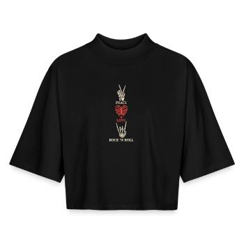 Peace Love Rock 'N Roll Rock Band Guitar Music - Boxy Frauen Recyceltes 1/2 Sleeved T-Shirt by Stanley/Stella - Schwarz - Vorne - AI Model Female 172 light (172cm)