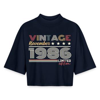 November 1986 - Boxy Women's Recycled 1/2 Sleeved T-Shirt by Stanley/Stella - navy - Front - AI Model Female 172 light (172cm)