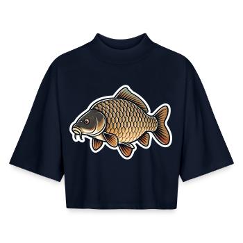 Minimalistisches Karpfenfischen-Design Sauberer Angler-Stil - Boxy Frauen Recyceltes 1/2 Sleeved T-Shirt by Stanley/Stella - Navy - Vorne - AI Model Female 172 light (172cm)