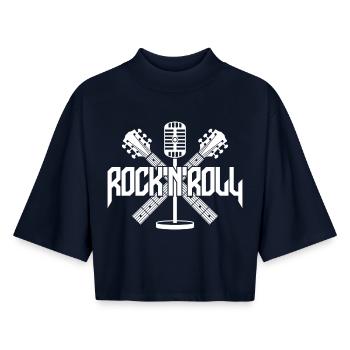 Rock 'N' Roll Logo with Guitars and Microphone - Boxy Women's Recycled 1/2 Sleeved T-Shirt by Stanley/Stella - navy - Front - AI Model Female 172 light (172cm)