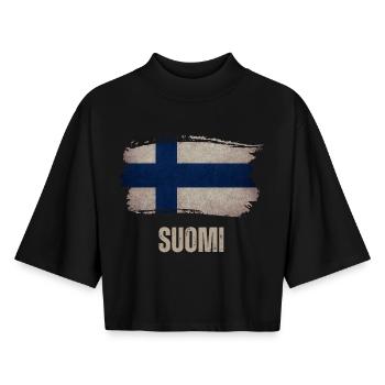 Grunge flag of Finland, vintage Finland - Boxy Women's Recycled 1/2 Sleeved T-Shirt by Stanley/Stella - black - Front - AI Model Female 172 light (172cm)